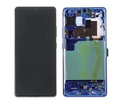 Дисплей Samsung G770F Galaxy S10 Lite тачскрин сенсор черный в рамке синего цвета Prism Blue Amoled оригинал переклеено стекло