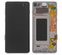 Дисплей Samsung G970F Galaxy S10e тачскрин сенсор черный в рамке серебристого цвета Prism White Amoled оригинал переклеено стекло