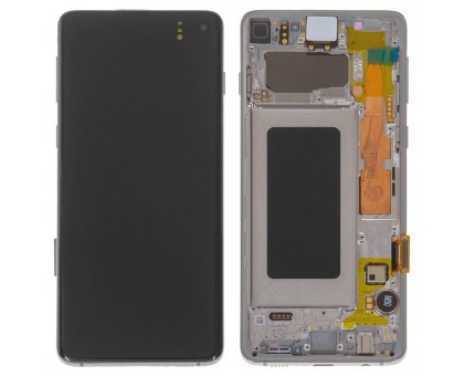 Дисплей Samsung G970F Galaxy S10e тачскрин сенсор черный в рамке серебристого цвета Prism White Amoled оригинал переклеено стекло